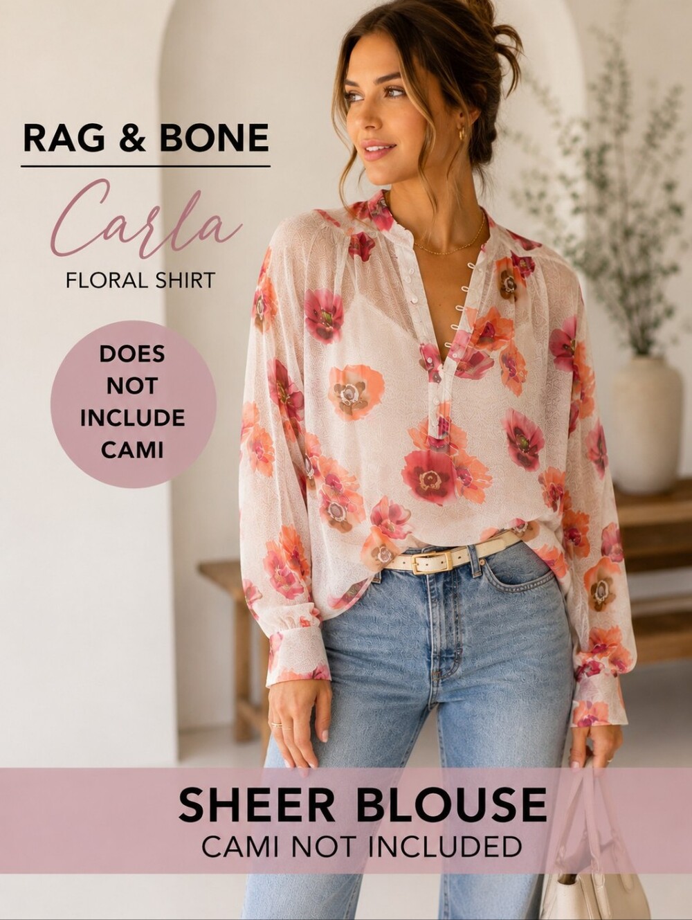 Rag & Bone Carla Floral Silk Blend Sheer Blouse Ivory Floral